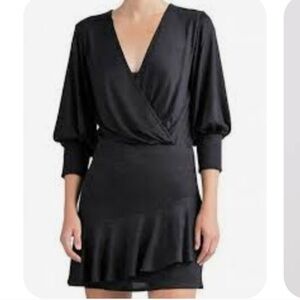 Bailey 44 Carolina blouson Black 3/4 Sleeve mini Dress ruffled faux wrap NWT med